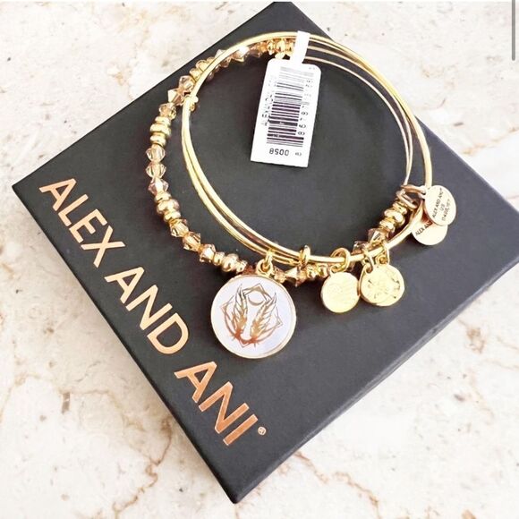 Alex and Ani Godspeed Art Infusion Crescent Moon, Feathers and Beads Bangle Set - Picture 2 of 16